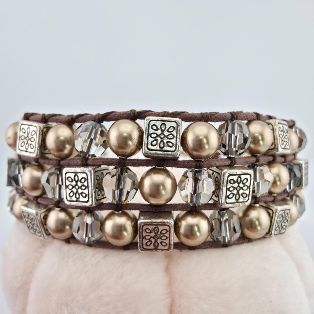BRIGHTON Wide Bracelet Crystal Faux Pearl & Bead Multi-Strand Silver Plate 7.5"